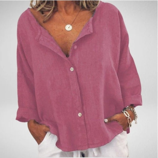 Chemise unie col V en coton et lin
