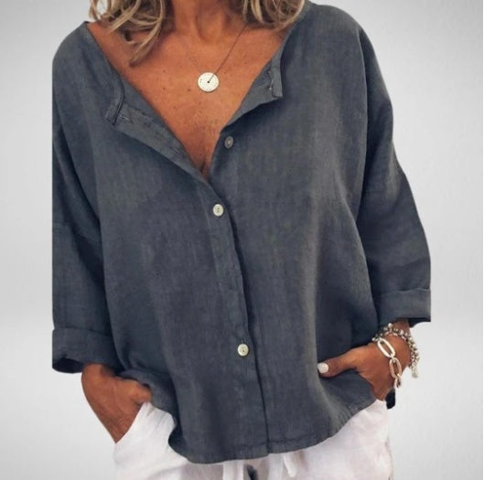 Chemise unie col V en coton et lin