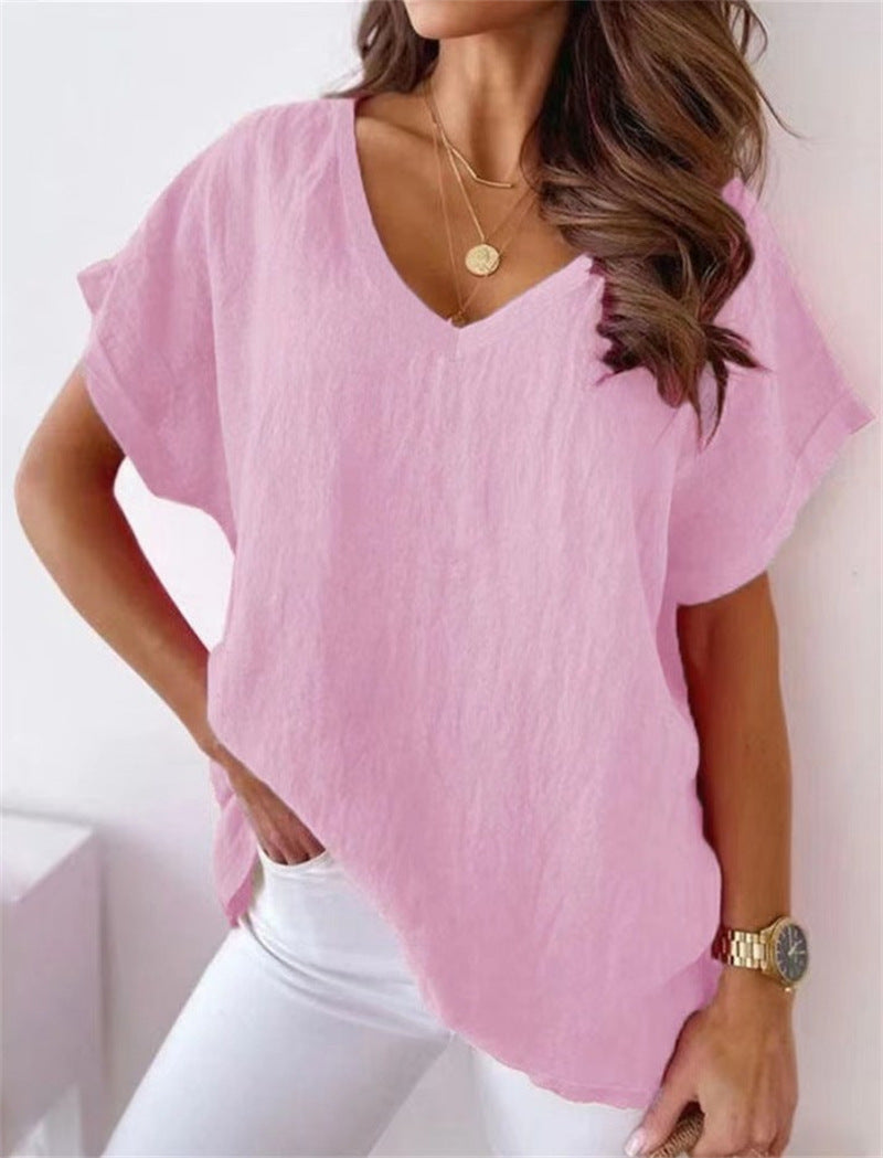 T-shirt col V en coton et lin