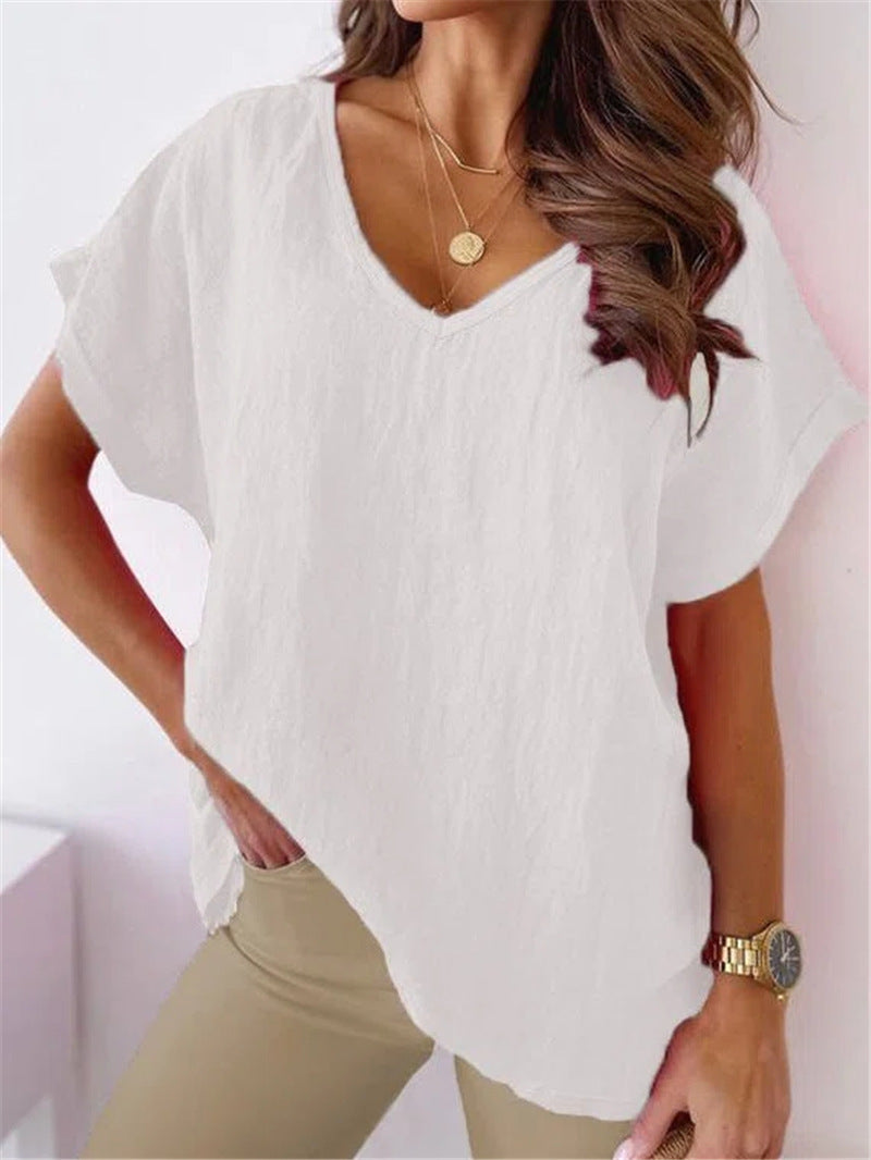 T-shirt col V en coton et lin
