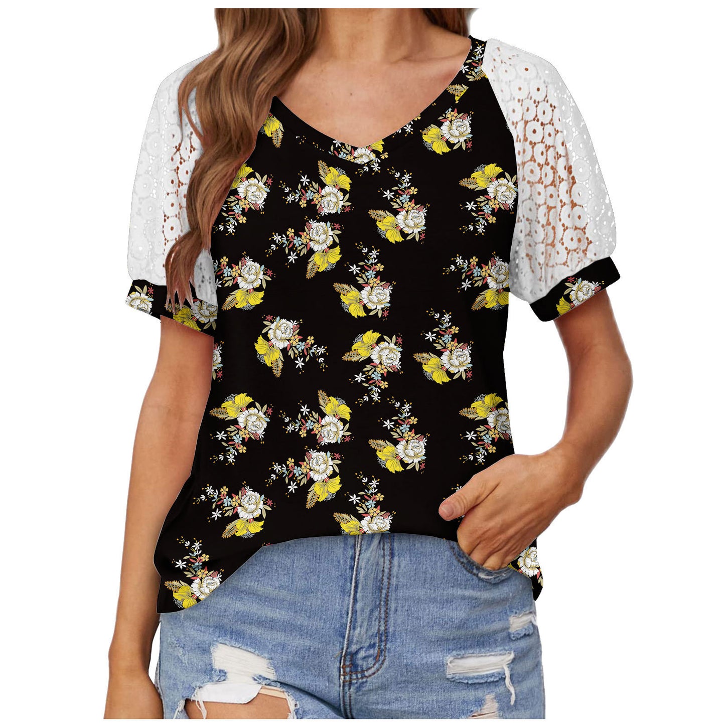 T-shirt dentelle col V