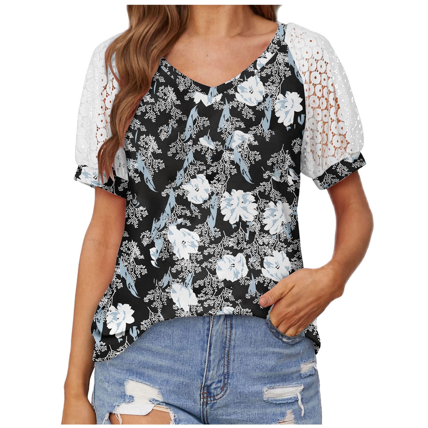 T-shirt dentelle col V