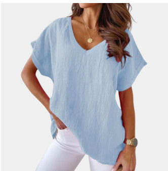 T-shirt col V en coton et lin