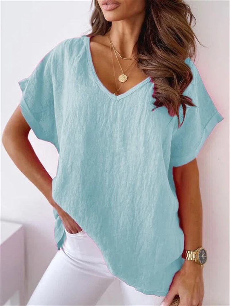 T-shirt col V en coton et lin