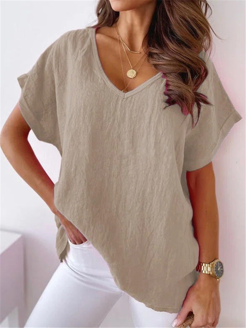 T-shirt col V en coton et lin