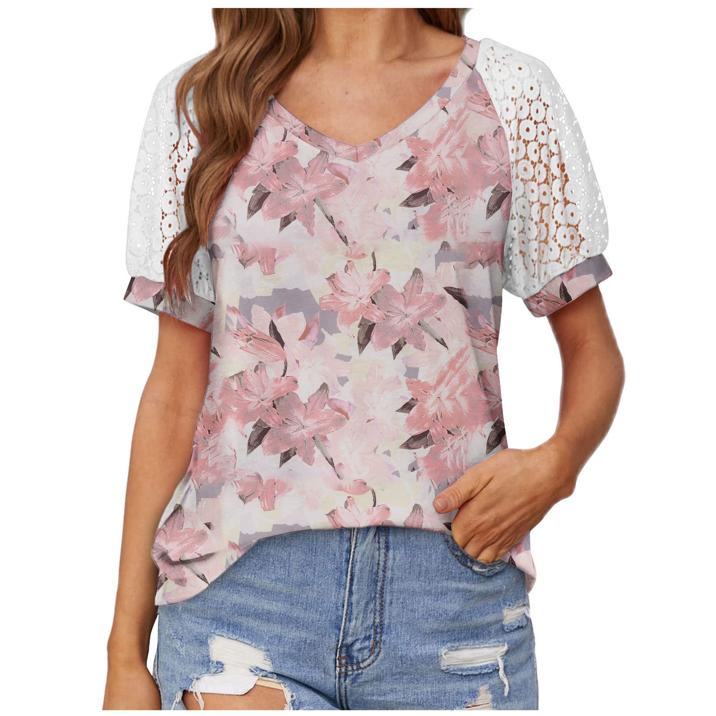 T-shirt dentelle col V