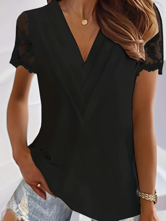 Blouse dentelle contrastée, col V