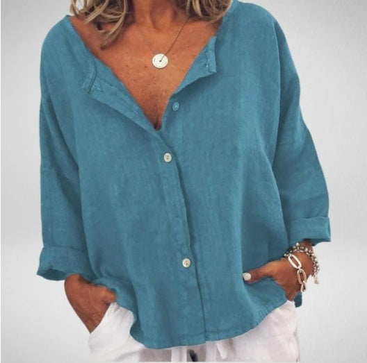 Chemise unie col V en coton et lin