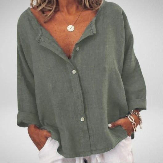 Chemise unie col V en coton et lin