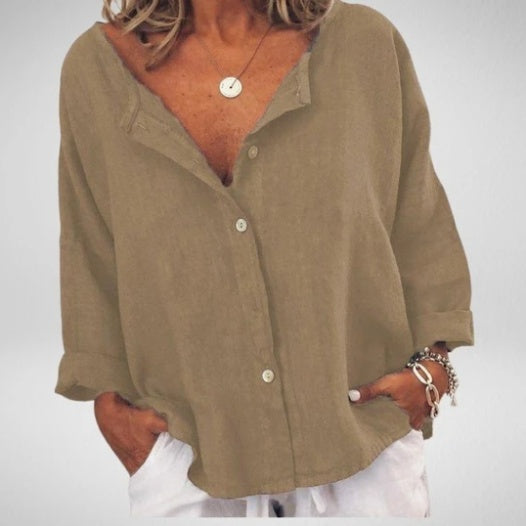 Chemise unie col V en coton et lin