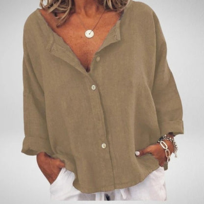 Chemise unie col V en coton et lin