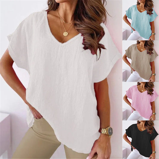T-shirt col V en coton et lin